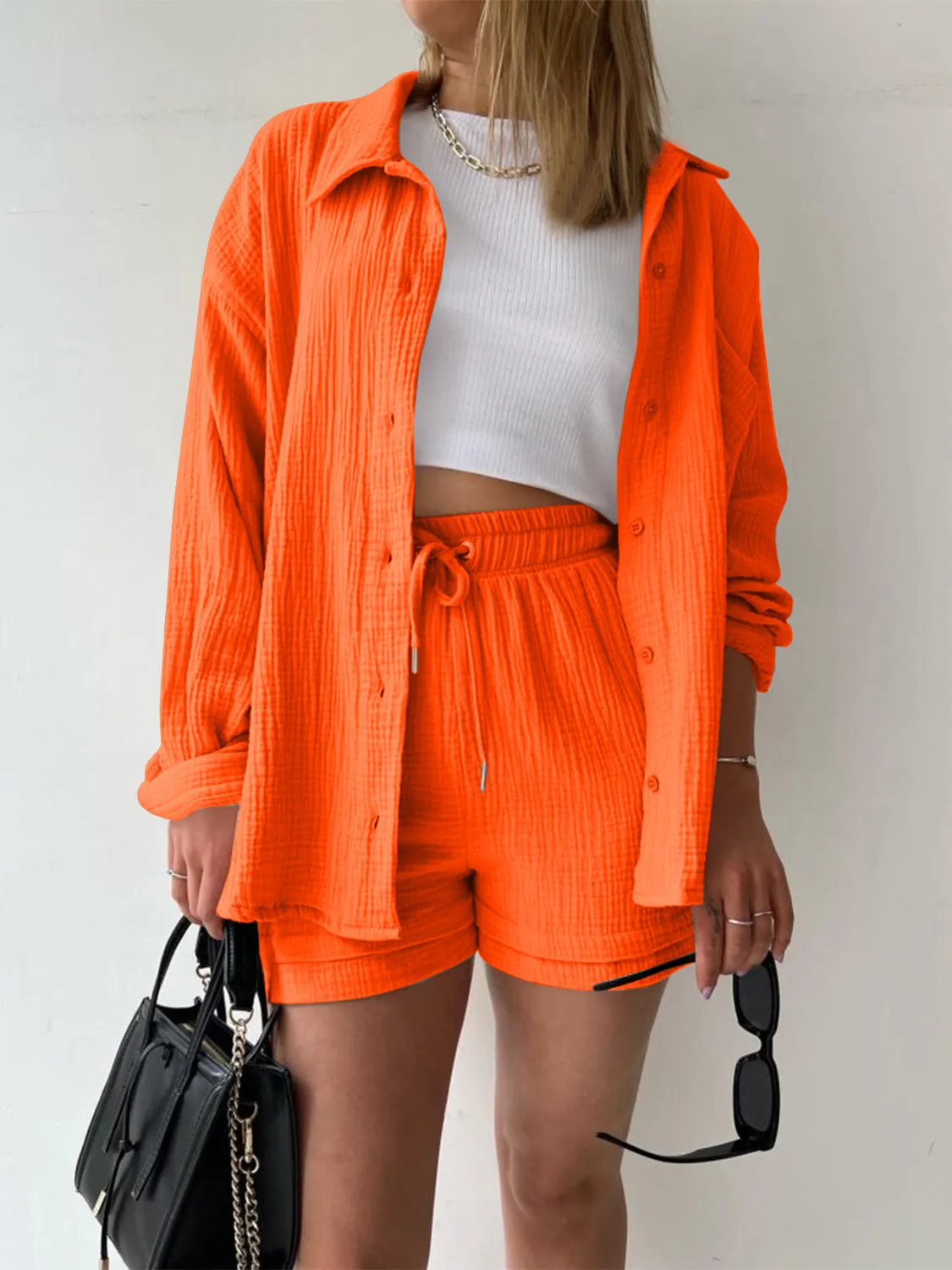 Audry Texture Button Up Shirt and Drawstring Shorts Set