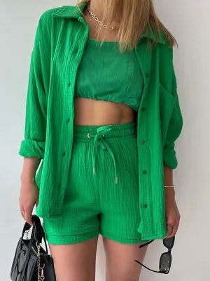 Audry Texture Button Up Shirt and Drawstring Shorts Set