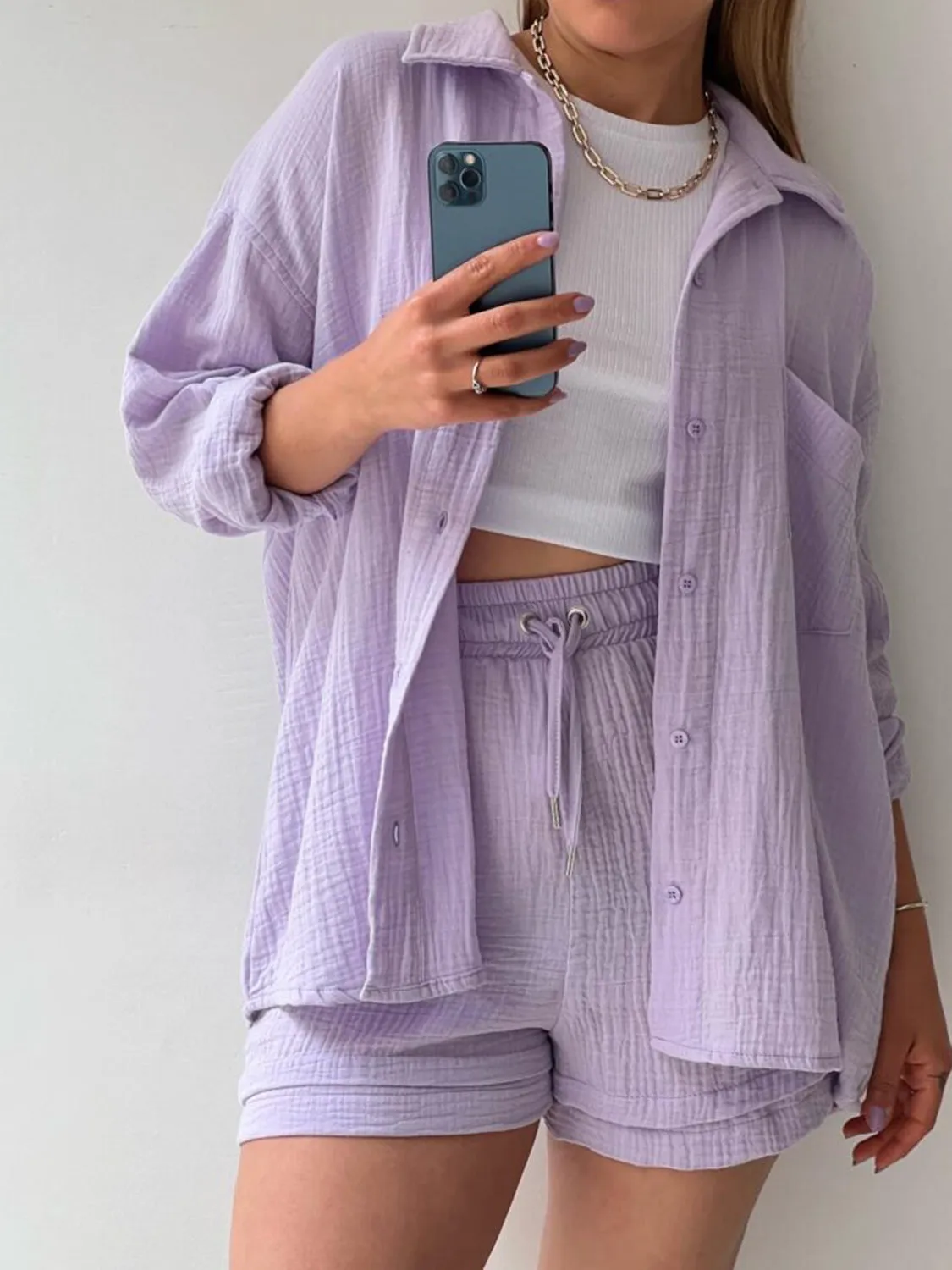 Audry Texture Button Up Shirt and Drawstring Shorts Set