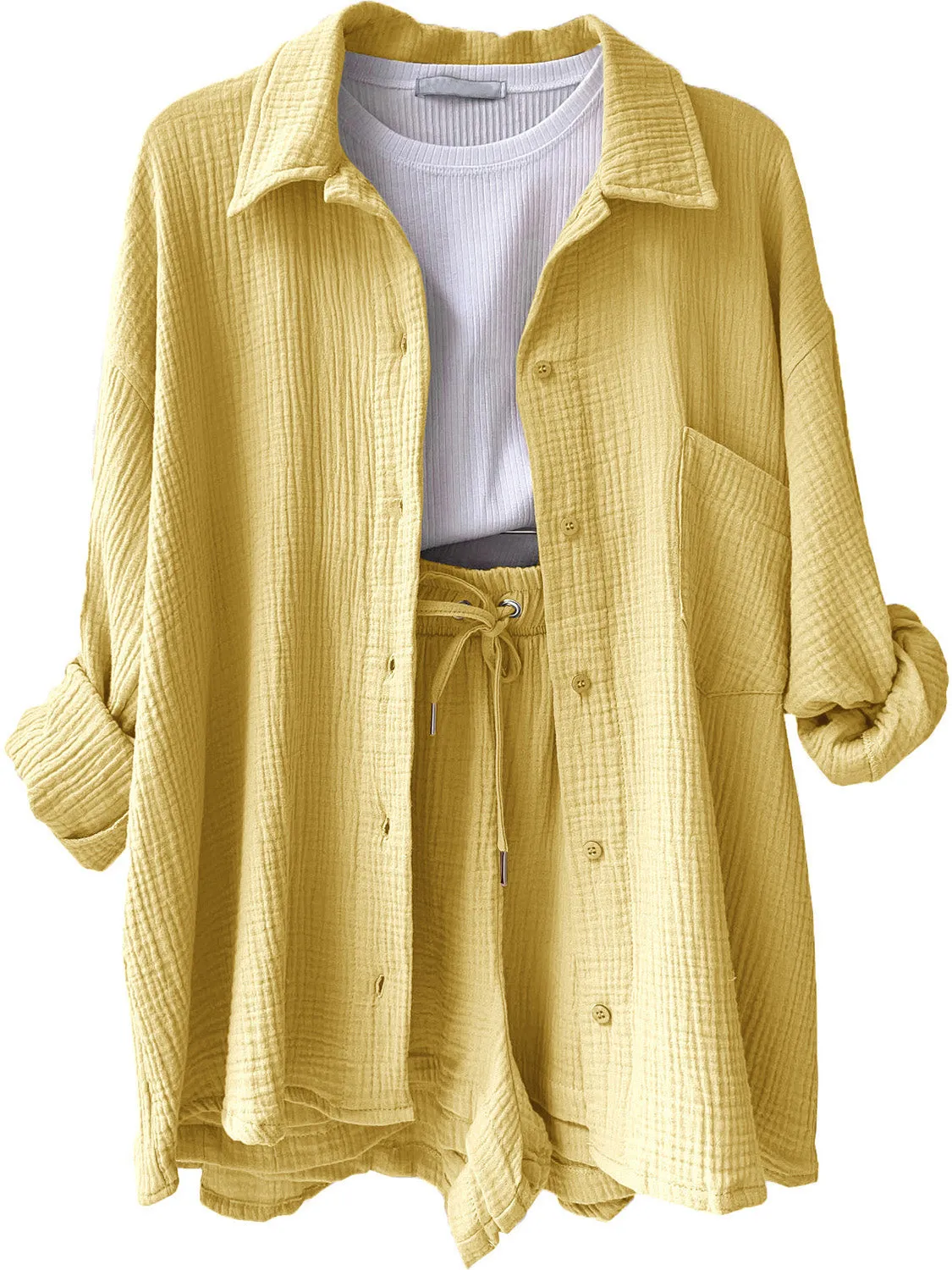 Audry Texture Button Up Shirt and Drawstring Shorts Set