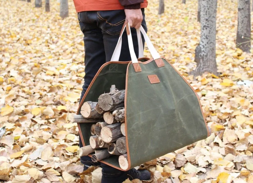 Canvas Log Carrier Bag,Waxed Durable Wood Tote,Fireplace Stove Accessories,Extra Large Firewood Holder with Handles for Camping Best Gifts