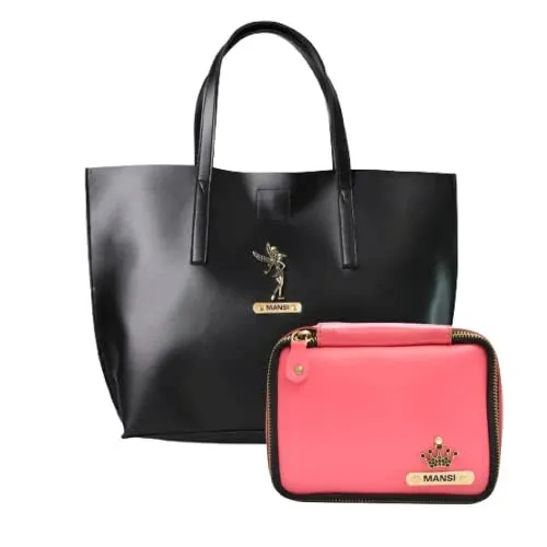 Customized Women's Tote Bag in Vogue (Product 1)   Mini Make up kit (Product 2) - Black Pink