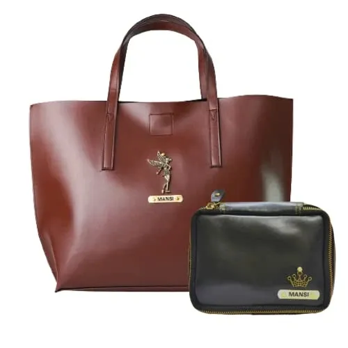 Customized Women's Tote Bag in Vogue (Product 1)   Mini Make up kit (Product 2) - Brown Black