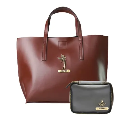 Customized Women's Tote Bag in Vogue (Product 1)   Mini Make up kit (Product 2) - Brown Grey