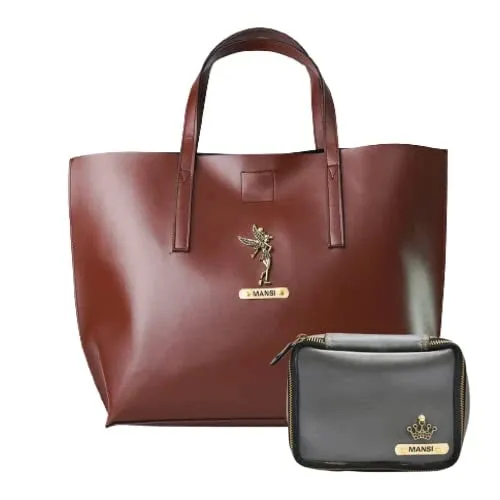 Customized Women's Tote Bag in Vogue (Product 1)   Mini Make up kit (Product 2) - Brown Grey