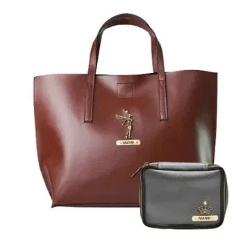 Customized Women's Tote Bag in Vogue (Product 1)   Mini Make up kit (Product 2) - Brown Grey