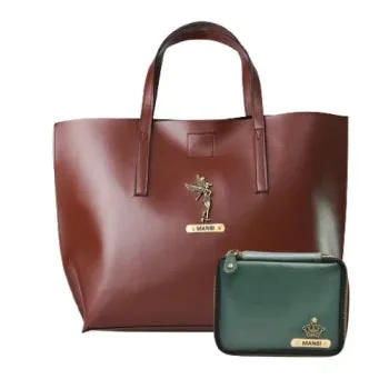 Customized Women's Tote Bag in Vogue (Product 1)   Mini Make up kit (Product 2) - Brown Olive Green