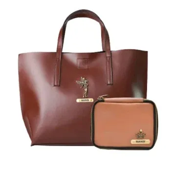 Customized Women's Tote Bag in Vogue (Product 1)   Mini Make up kit (Product 2) - Brown Tan