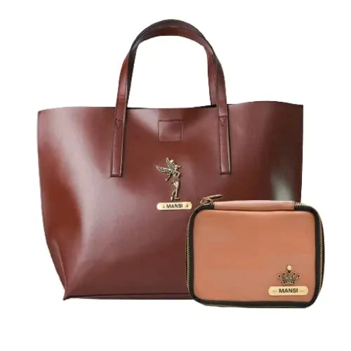 Customized Women's Tote Bag in Vogue (Product 1)   Mini Make up kit (Product 2) - Brown Tan