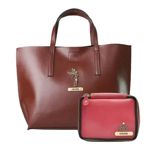 Customized Women's Tote Bag in Vogue (Product 1)   Mini Make up kit (Product 2) - Brown Wine