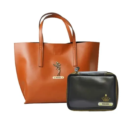 Customized Women's Tote Bag in Vogue (Product 1)   Mini Make up kit (Product 2) - Tan Black