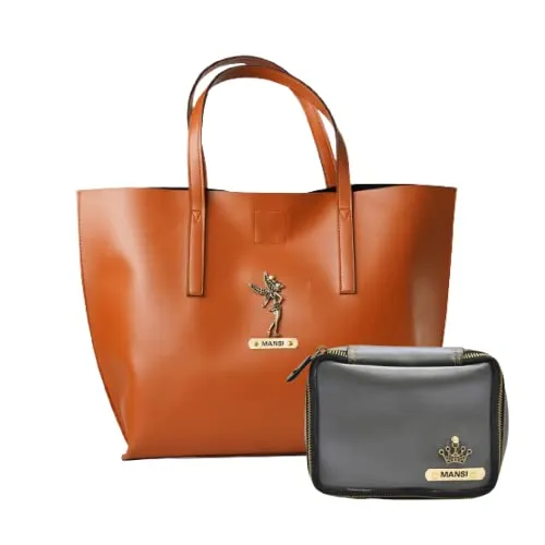 Customized Women's Tote Bag in Vogue (Product 1)   Mini Make up kit (Product 2) - Tan Grey
