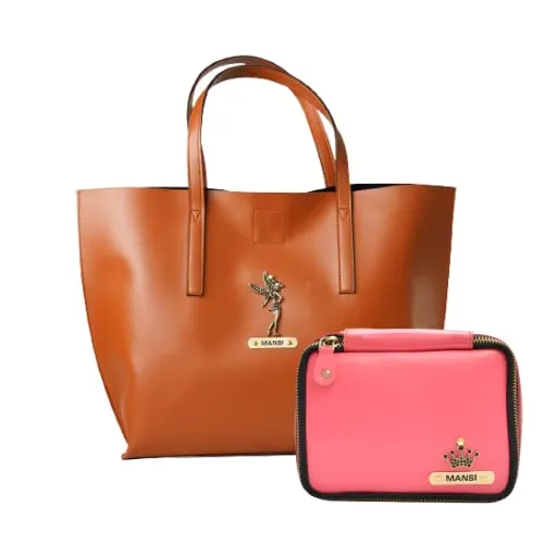 Customized Women's Tote Bag in Vogue (Product 1)   Mini Make up kit (Product 2) - Tan Pink