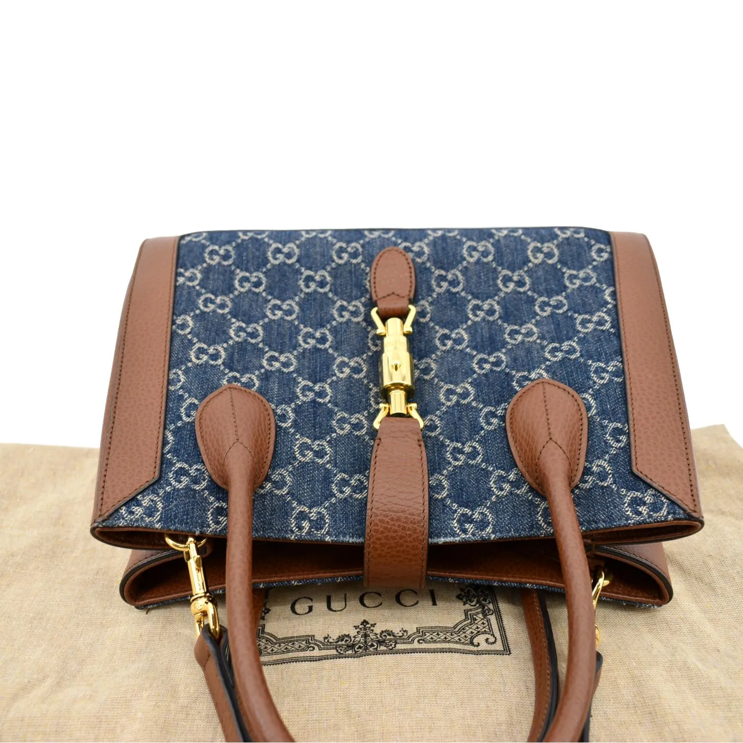 GUCCI Jackie 1961 Medium Jacquard Denim Tote Bag Dark Blue 649016