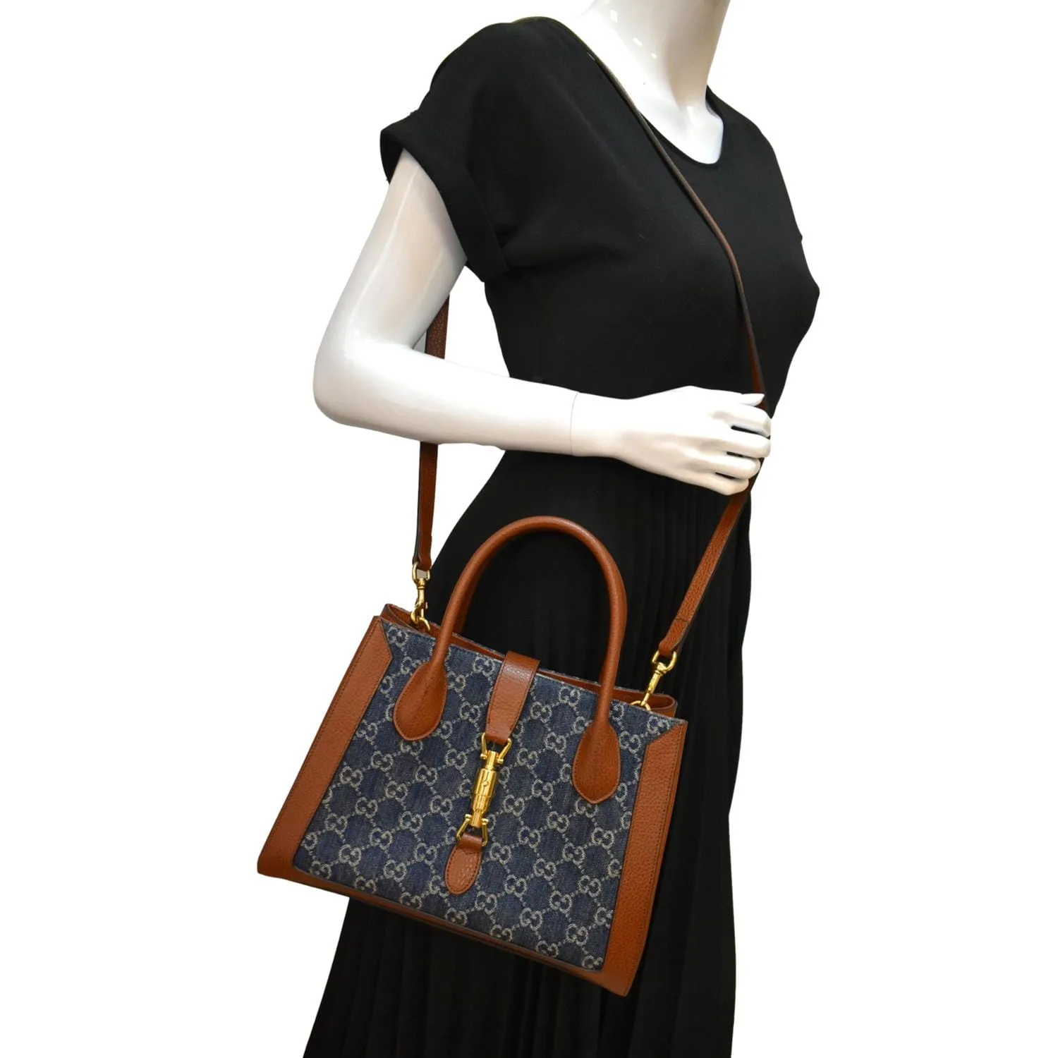 GUCCI Jackie 1961 Medium Jacquard Denim Tote Bag Dark Blue 649016