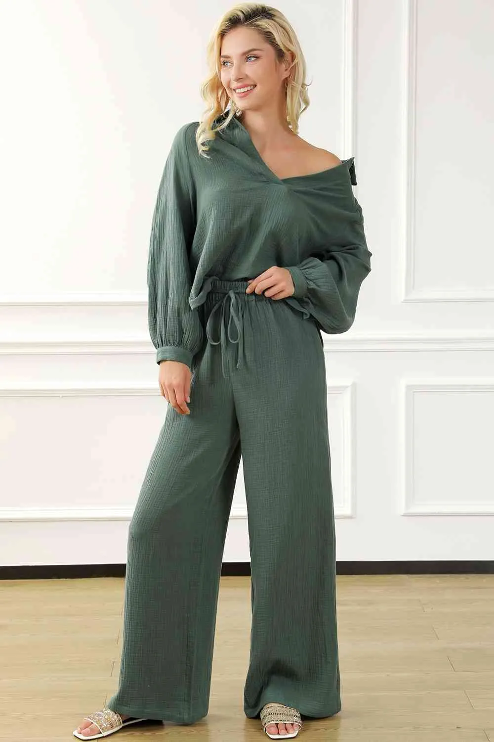 Hazel Blues® |  Collared Neck Top and Drawstring Pants Set