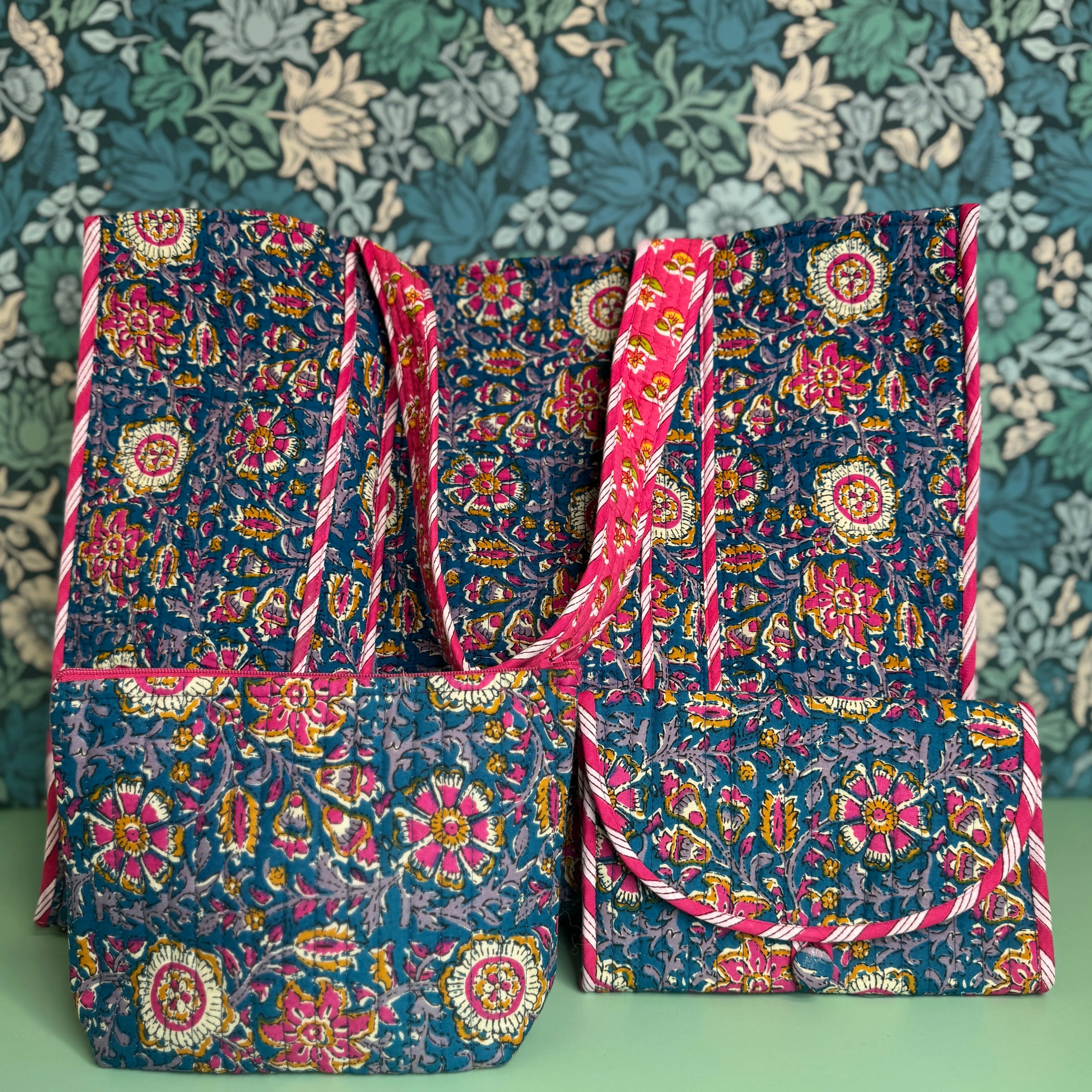 Large Reversible Quilted Tote Bag (Blue with Pink Flowers & Pink Lining)