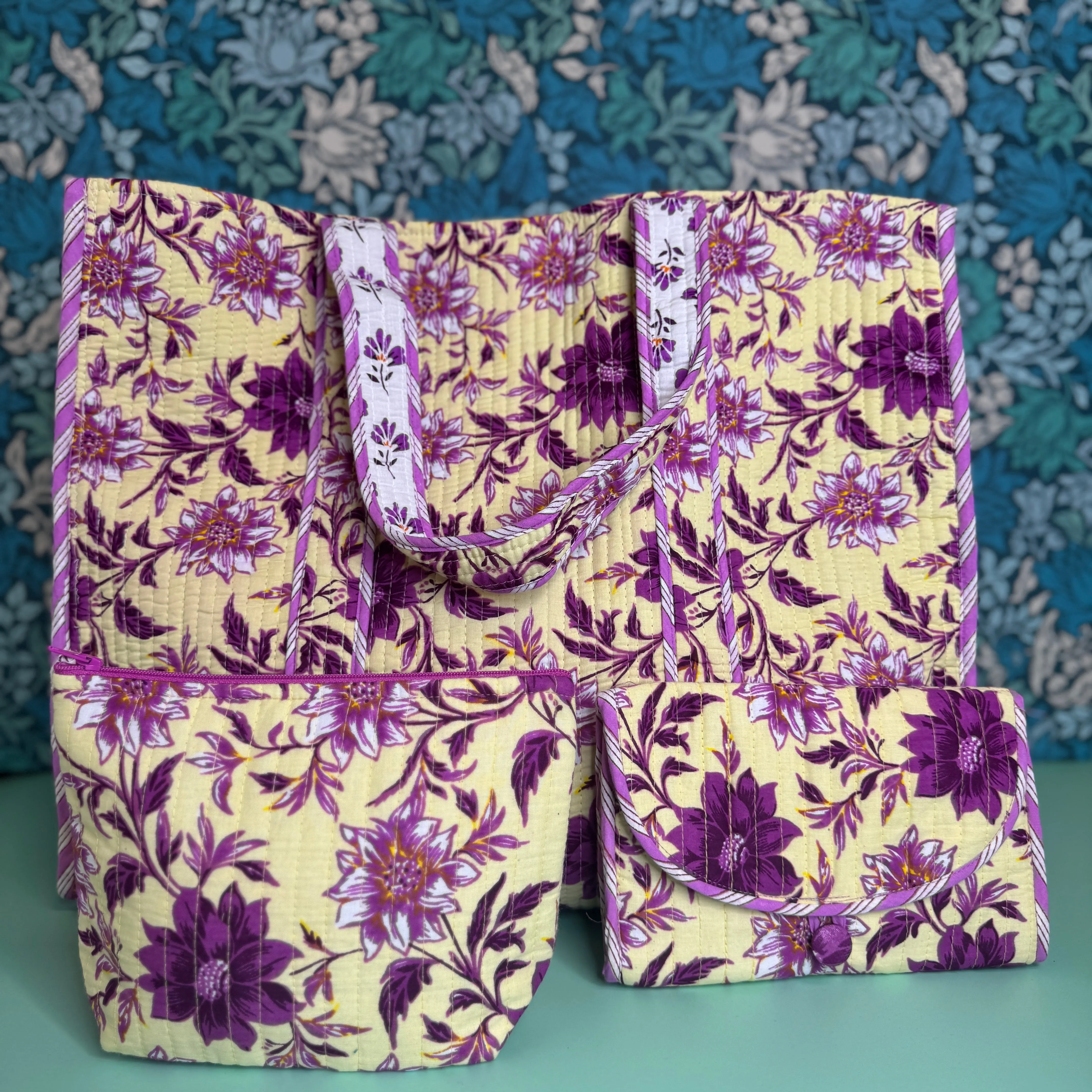 Large Reversible Quilted Tote Bag (Cream with Purple Flowers)
