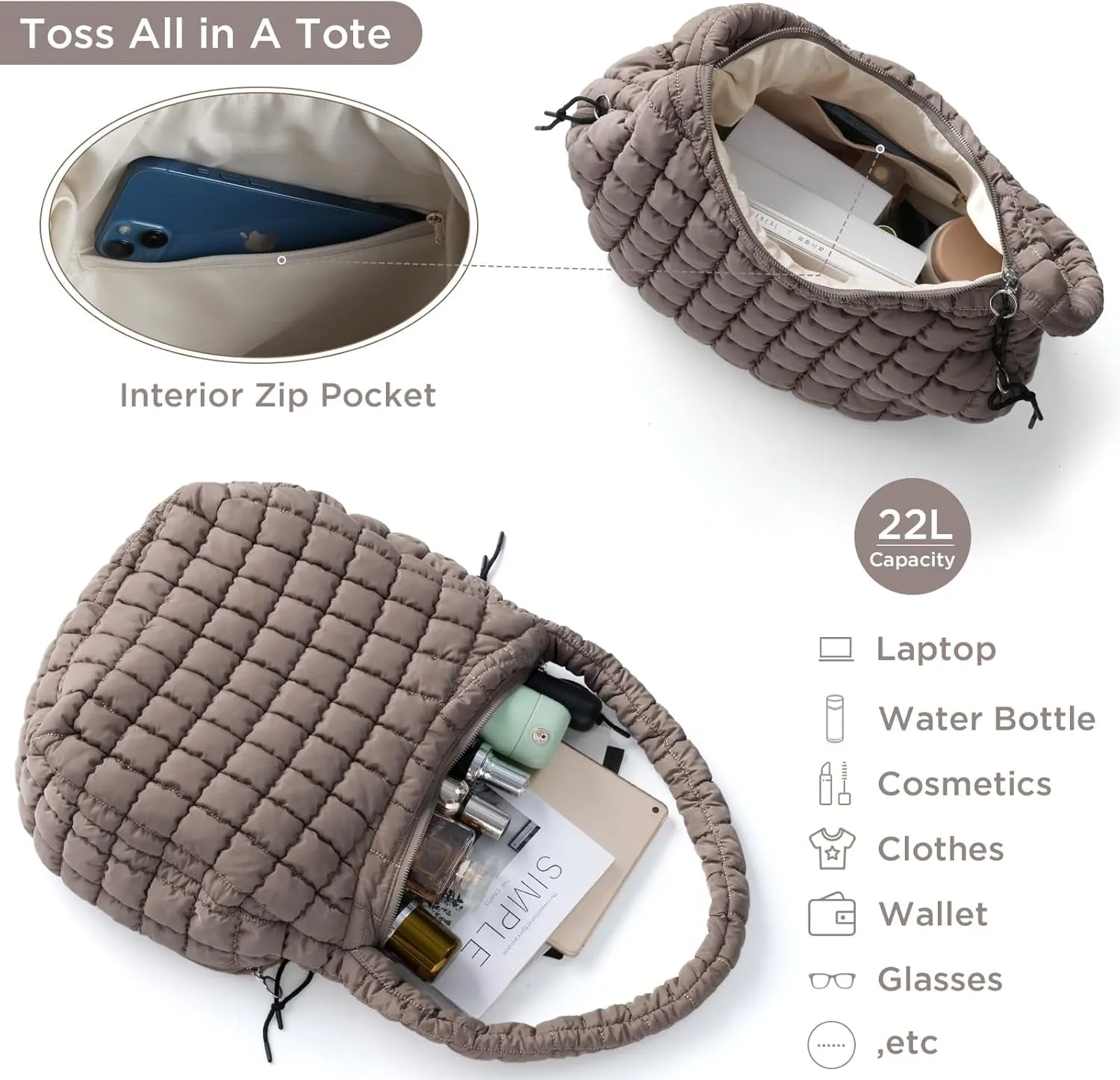 Puffer Tote Bag for Women Large Quilted Tote Bag Quilted Carryall Bag Soft Puffy Crossbody Bag Hobo Handbags Puff Purse