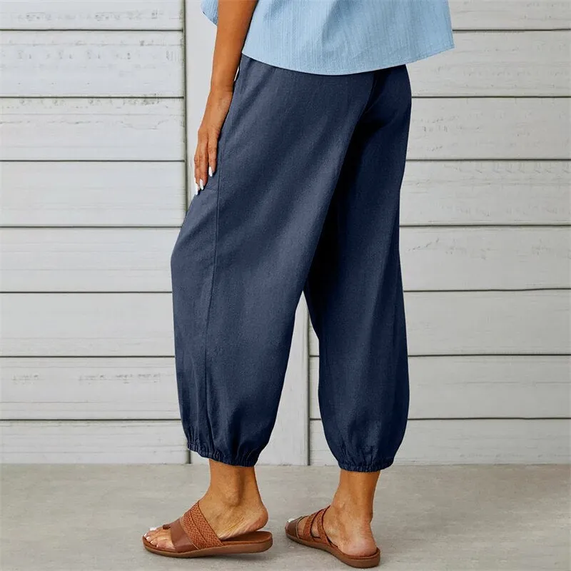 Solid Color Drawstring Elastic Waist Work Trousers