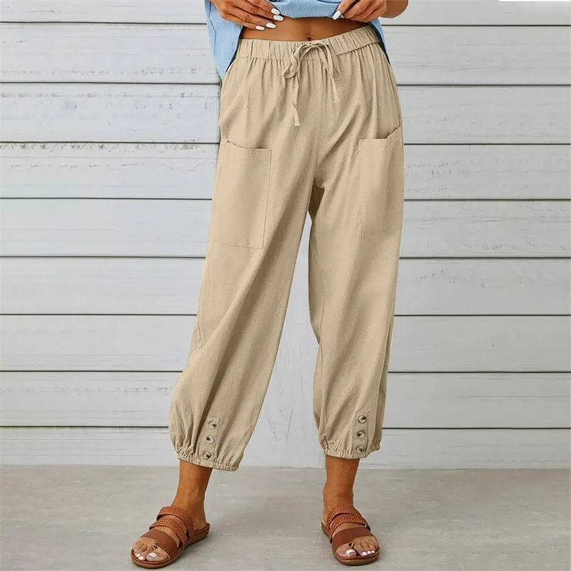 Solid Color Drawstring Elastic Waist Work Trousers