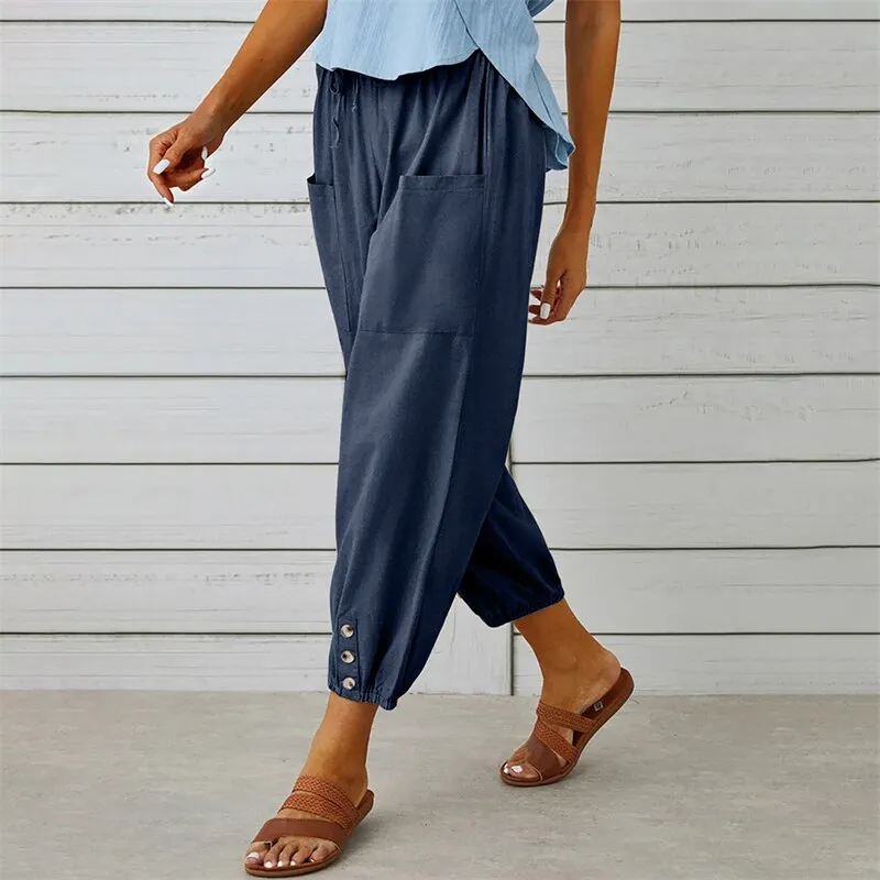 Solid Color Drawstring Elastic Waist Work Trousers