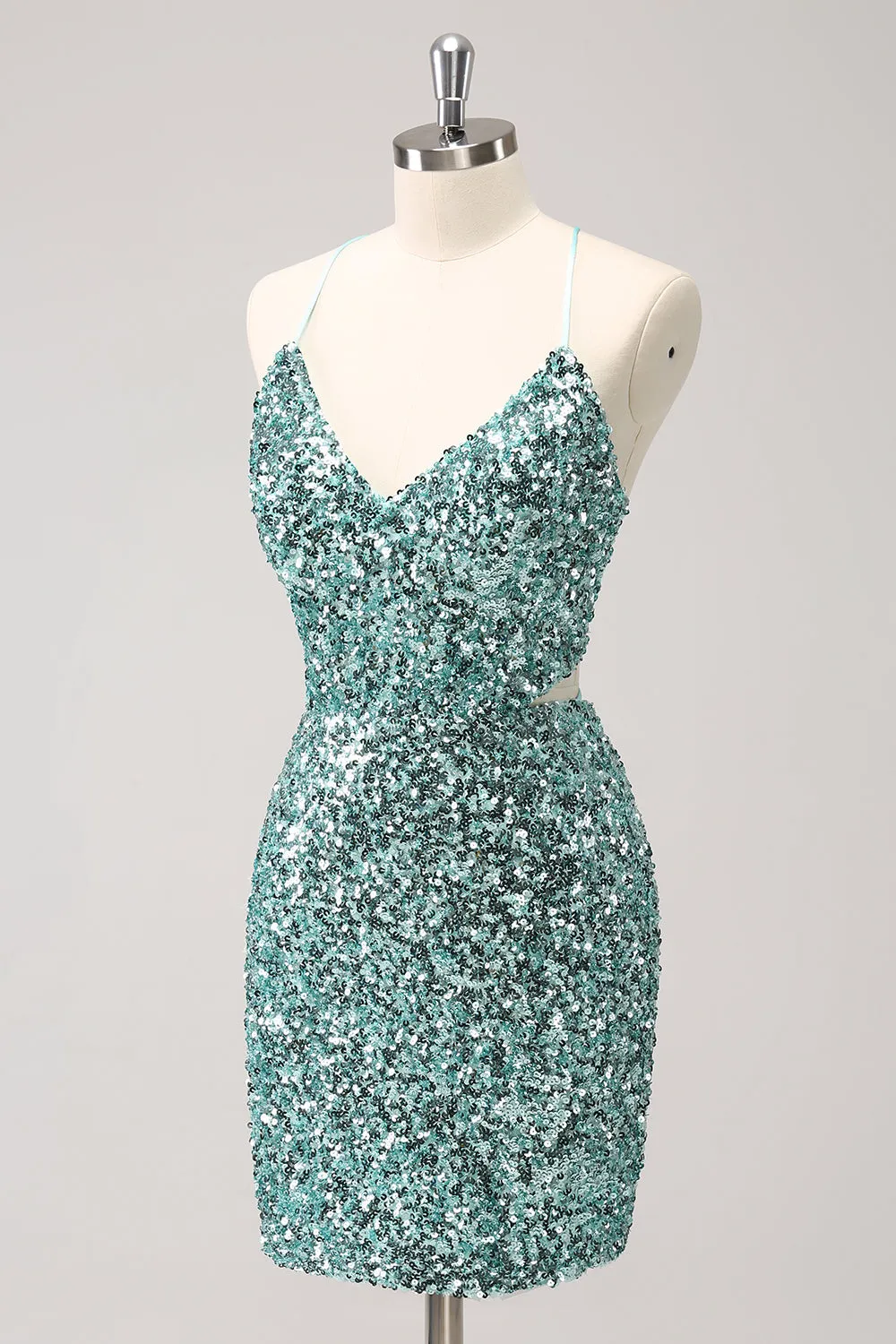 Sparkly Blue Tight Lace Up Back Sequin Short Homecoming Dress with Slit