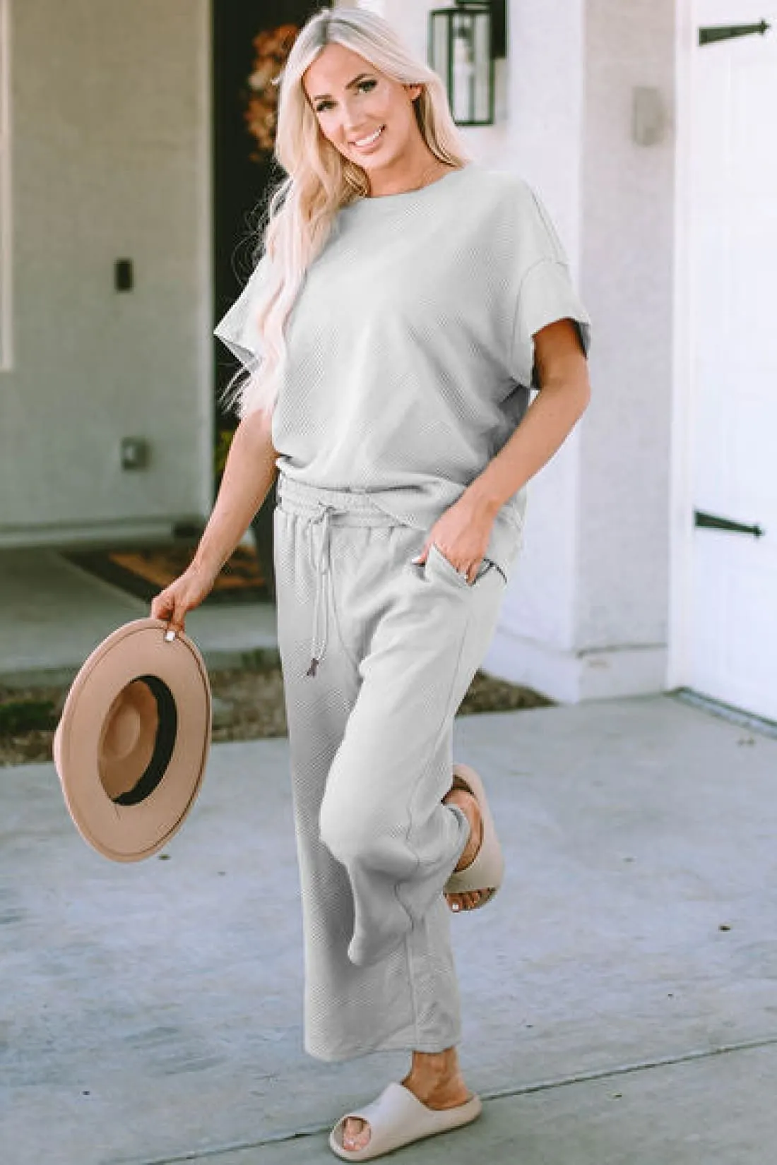 Textured Short Sleeve Top and Pants Lounge Set