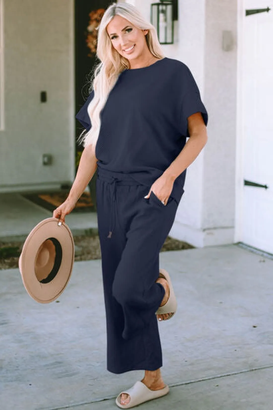 Textured Short Sleeve Top and Pants Lounge Set