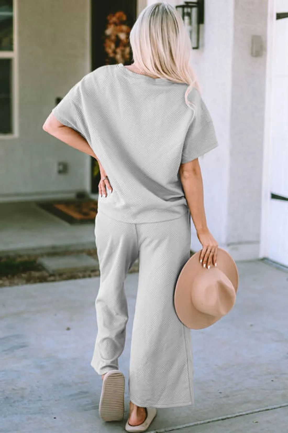 Textured Short Sleeve Top and Pants Lounge Set