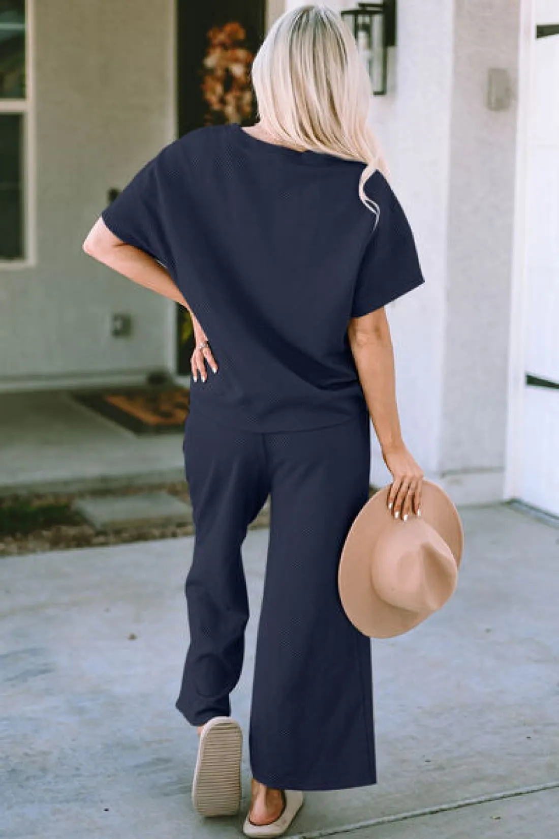 Textured Short Sleeve Top and Pants Lounge Set