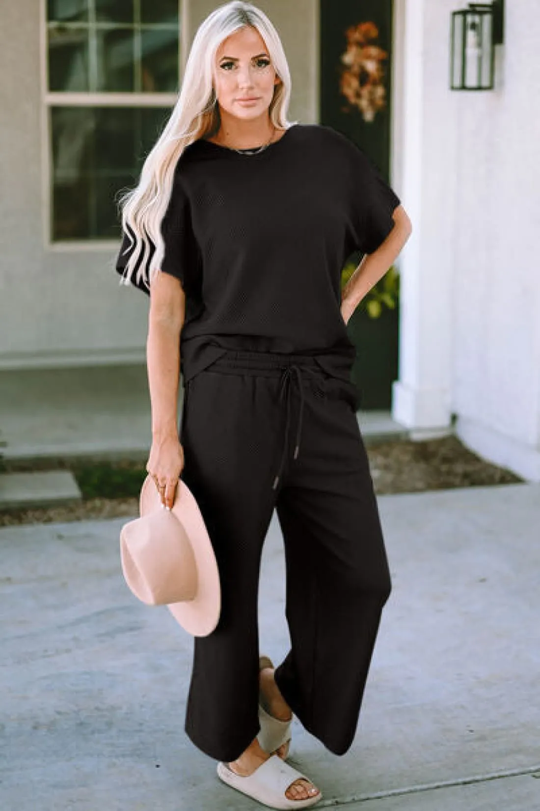 Textured Short Sleeve Top and Pants Lounge Set
