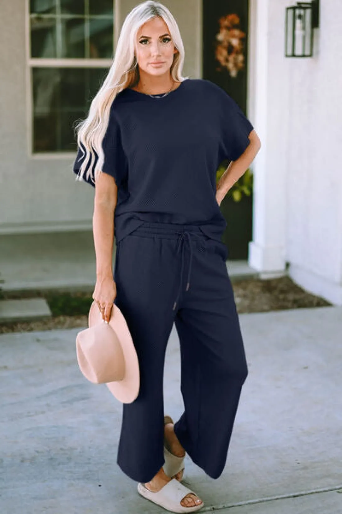 Textured Short Sleeve Top and Pants Lounge Set