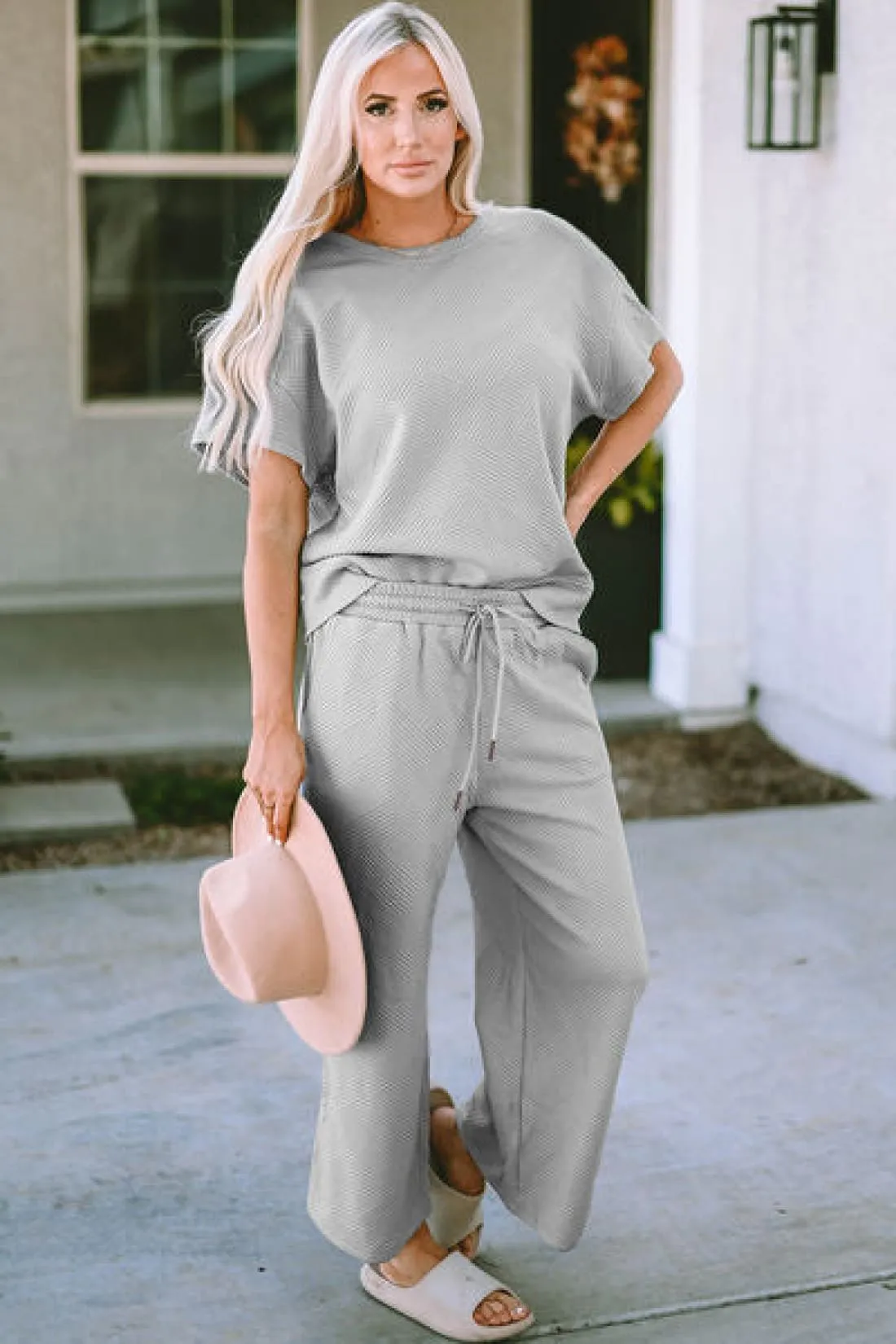 Textured Short Sleeve Top and Pants Lounge Set
