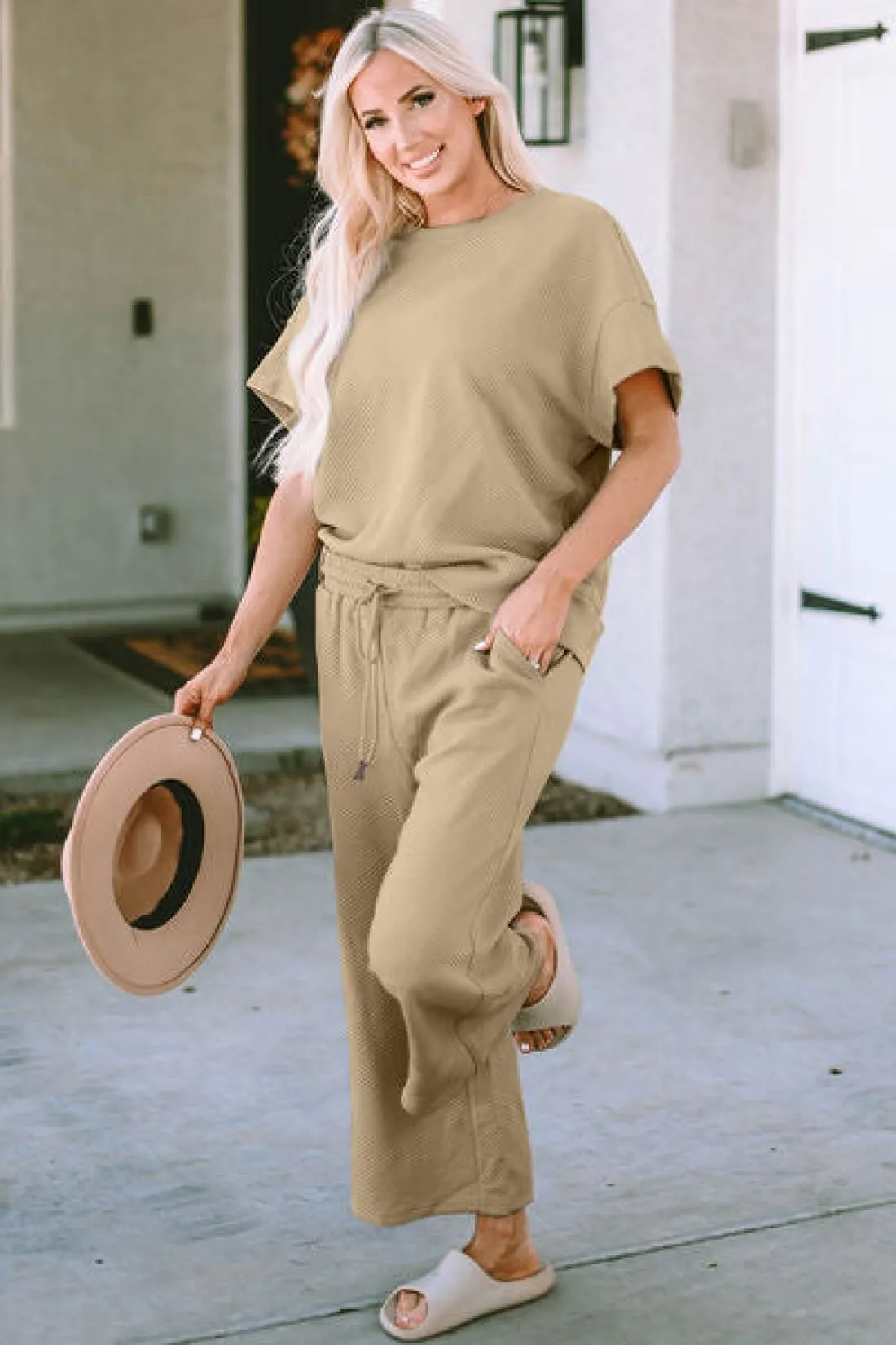Textured Short Sleeve Top and Pants Lounge Set