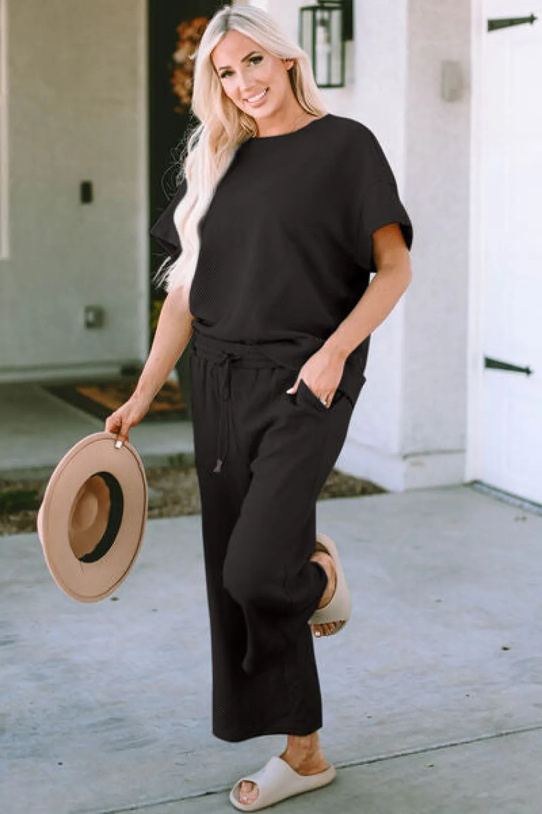 Textured Short Sleeve Top and Pants Lounge Set