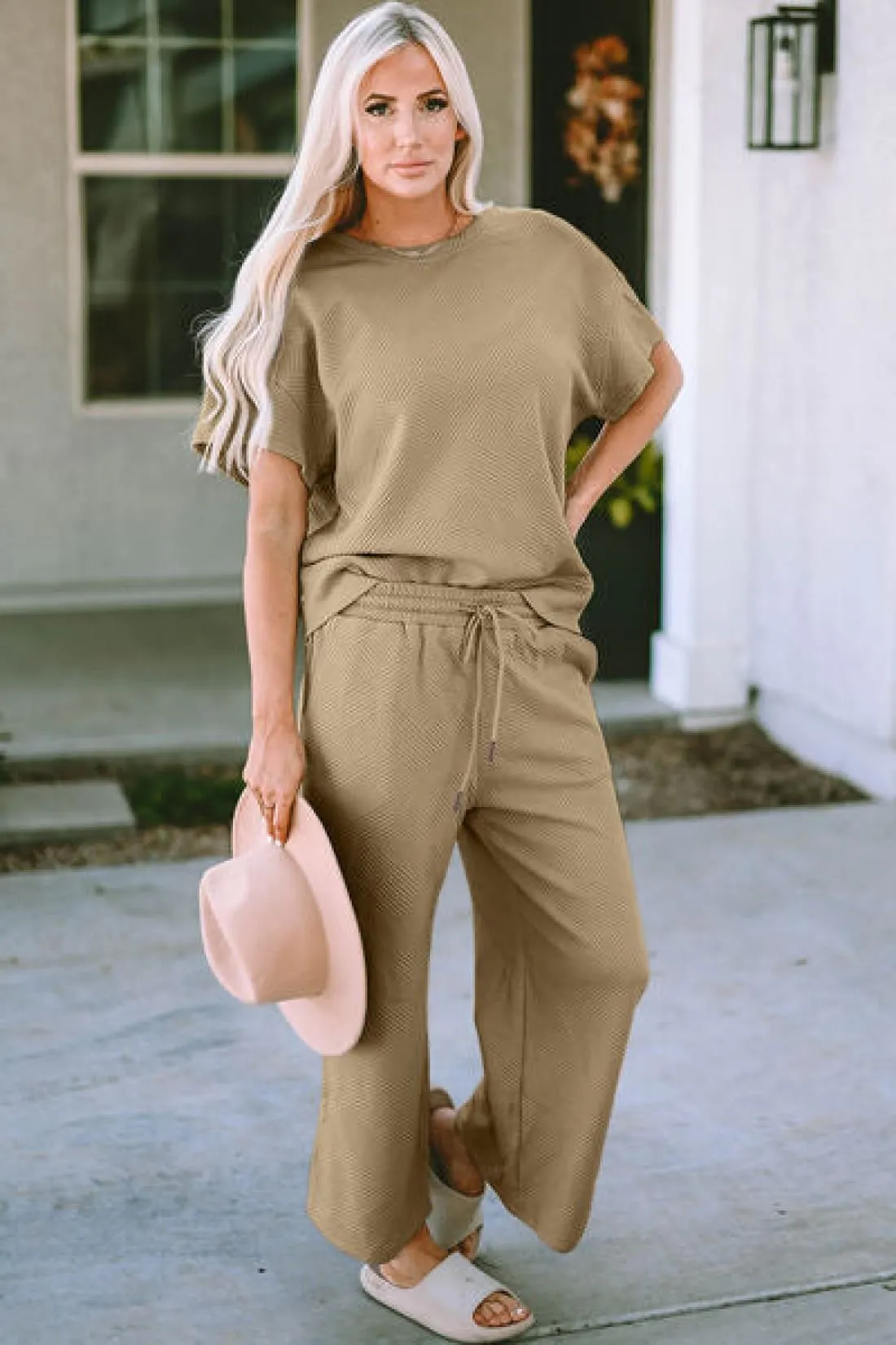 Textured Short Sleeve Top and Pants Lounge Set