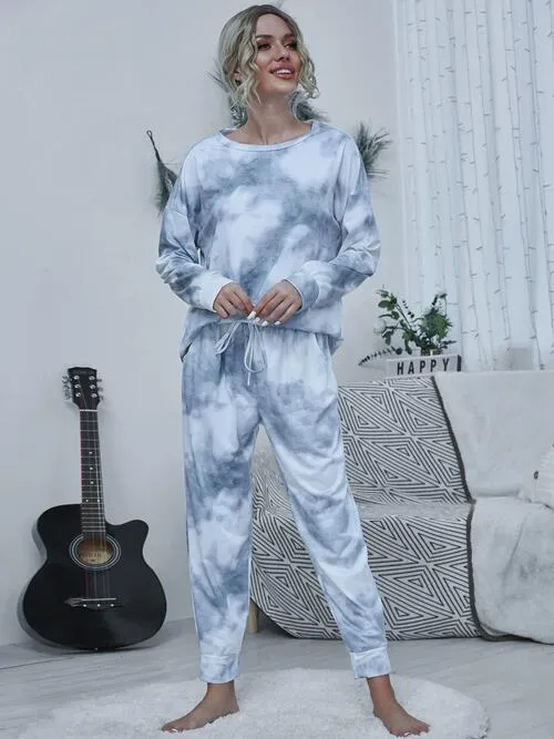 Tie-dye Round Neck Top and Drawstring Pants Set (4 Colors)